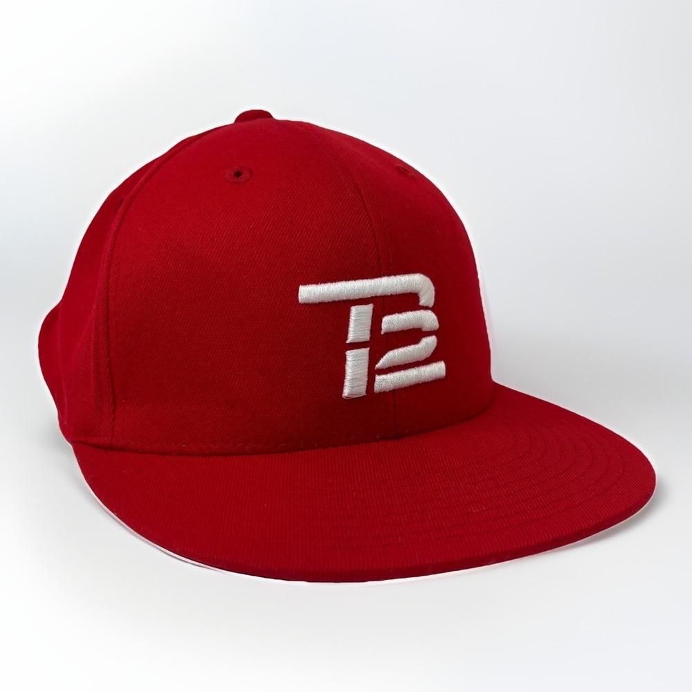 TB12 Tom Brady 210 Fitted Hat Red White Embroidered Logo Flat Brim Cap Mens L/XL